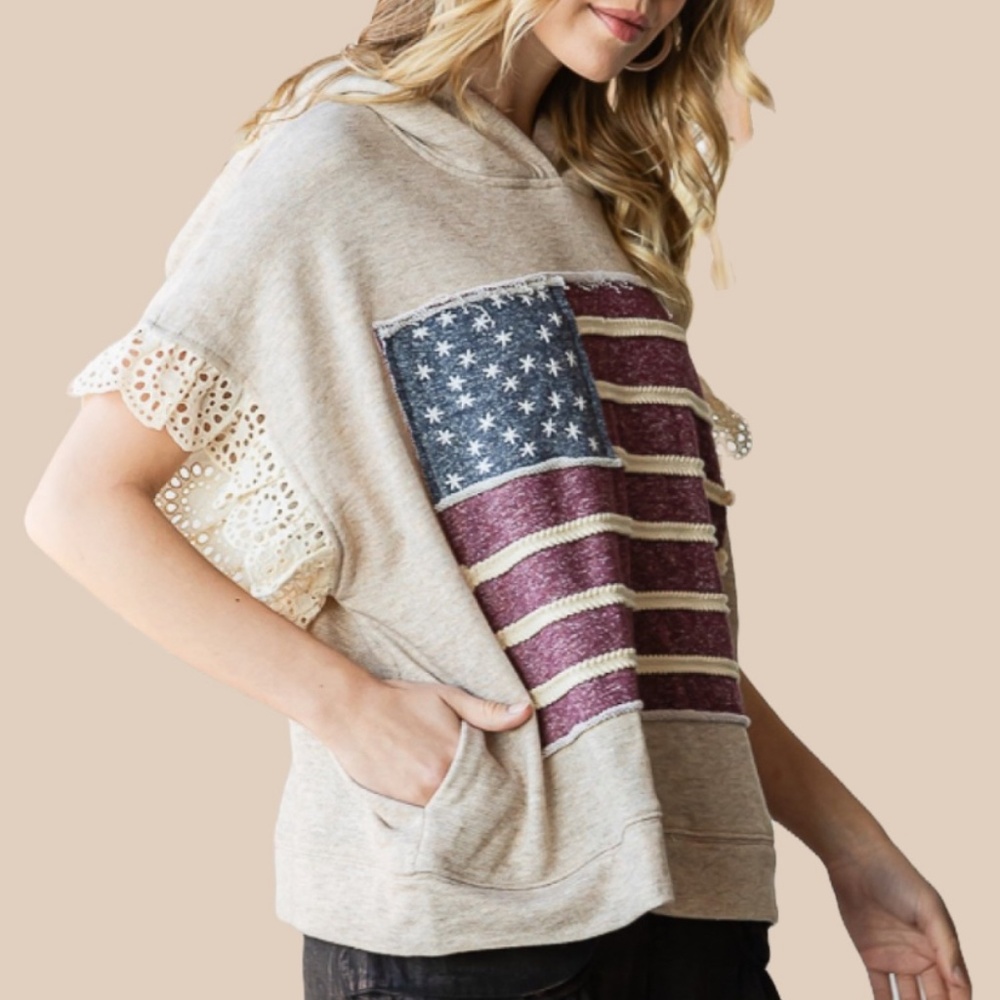Oli & Hali USA Flag Hoodie Sweatshirt Women's Top with Lace Detail 90’s #SC5 - Picture 4 of 5